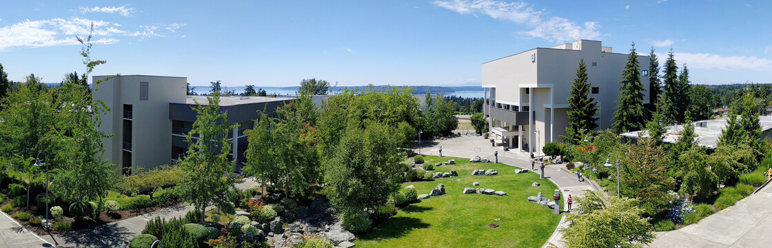 Highline's central plaza in front of Building 25 on a sunny summer day.