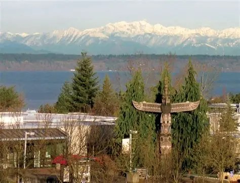 Highline's totem pole in the foreground with the Olympic mountains visible in the distance.